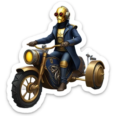 Bounty hunter C-3PO Jedi wearing a pair of navy-blue rimmed steampunk goggles, hat, leather chaps, fringe jacket riding a relaxed sci-fi 3 wheeler reverse-trike steampunk rat rod motorcycle with large fenders and saddlebags in desert town  sticker