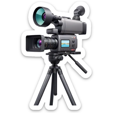 Create an emoji for video recording. Show a  single lens professional video camera with screen and image on it, on heavy tripod. Use modern, professional colors. Do not include any emojis or smiley faces. Make the background transparent. sticker