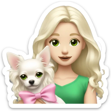 pale blond girl with wavy long platinum hair with green eyes holding a white chihuahua puppy that wearing a pink bow sticker