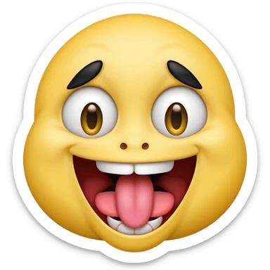 Freaky yellow face emoji smiling really big with huge tongue out and eyes wide open. Tongue should is wagging back and forth. Give him a full head of black hair sticker