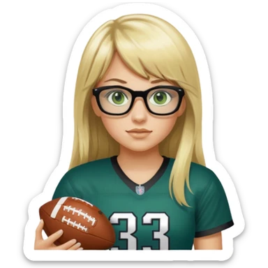 long blonde hair with bangs black rectangle glasses female green eyes football player wearing eagles jersey number 33 holding football sticker