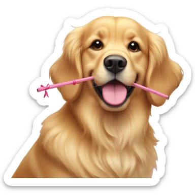 a golden retriever with a pink bow on the right and a stick in his teeth sticker