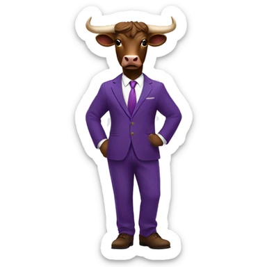 Brown bull with horns standing wearing purple 3 piece suit with brown shoes sticker
