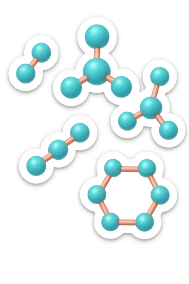 emoji 3d stile iphone di cinque molecole chimiche turchesi e rosa salmone che fluttuano in aria 3d sticker