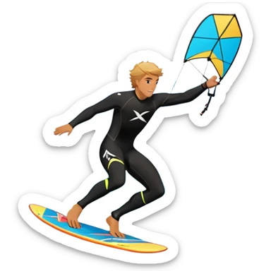 An athlete in a wetsuit riding a kiteboard, soaring over the waves with the kite high in the sky. The background features a vibrant blue sky and crashing ocean waves, capturing the thrill and freedom of kitesurfing in dynamic motion. sticker