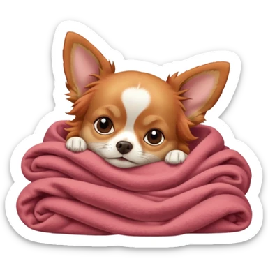 Long haired chihuahua, beige/redhaired, head without white markings, with white chest and white socks, head without white, sleeping cutely under blanket sticker