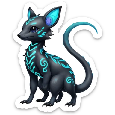 Rare futuristic bioluminescent iridescent neon glowing cute epic aesthetic gothic colorful Salandit-Eevee-Trico-Civet-species-Fakemon-hybrid-creature, with intricate tattoo markings, full body sticker