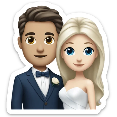 Wedding couple, groom white skin with dark brown hair and dark brown eyes, bright with white skin blonde hair and blue eyes and dark blue suit sticker