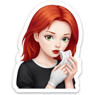 a woman with red hair and red eyes sniffing a white sock. The woman wear a black  dress sticker