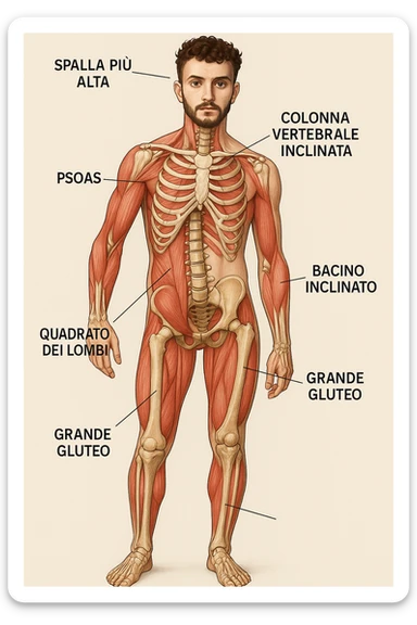 Uomo con problemi di asimmetrie e bacino inclinato, visione anatomica in italiano sticker