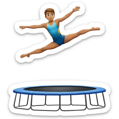 An athletic person soaring high above a trampoline, executing an acrobatic flip with perfect form. The scene captures motion and energy, with a dynamic pose, stretched limbs, and a focused expression. The background suggests a professional trampoline arena with safety padding. sticker