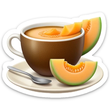 carajillo in a small espresso coffee cup with a slice of cantaloupe melon on the side sticker