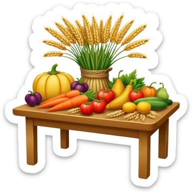 Table with harvested crops like wheat, vegetables, and fruits sticker