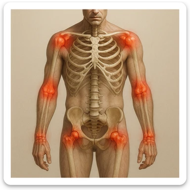 Create a series of 5 vertical images of a man (reference photo) with widespread joint pain, highlighting inflammation with an anatomical view. Show red zones on the joints, medical style, anatomical details, hyperrealism, variation 5. sticker