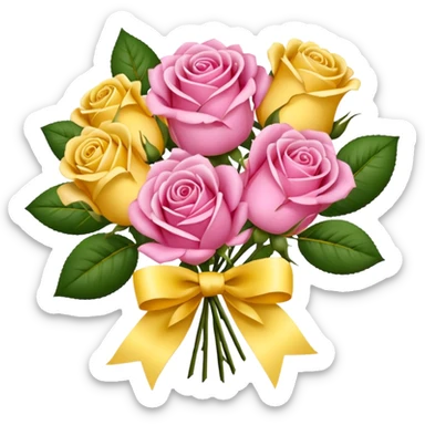 A bouquet of flowers, composed of pink and yellow roses, four blooms in total, tied with ribbon. sticker