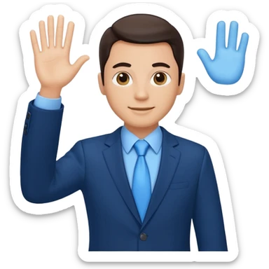 Make emoji of me in a dark blue business suit and light blue shirt waiving to new clients sticker