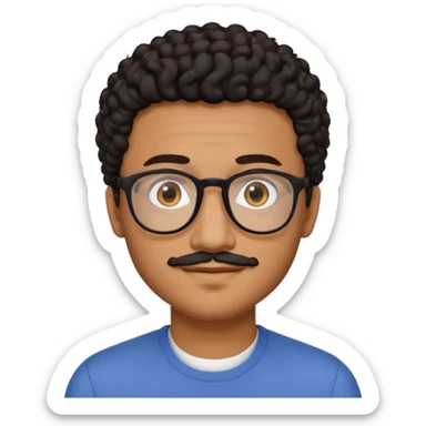 A friendly person with medium-brown skin, large warm brown eyes, thin rectangular glasses, a short mustache and small goatee, black short curly hair. Rounded face, calm slight smile. Head-and-shoulders emoji style, bold outlines, simple shapes, bright colors, transparent background. sticker