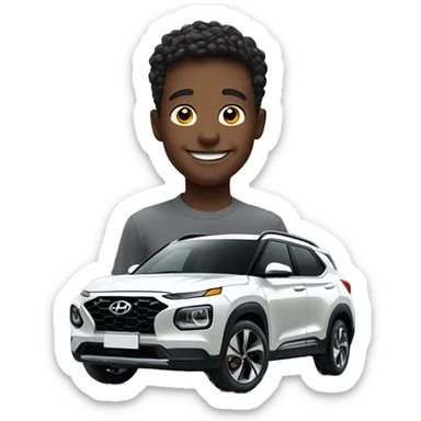 smiling boy with red Hyundai venue directly behind him  sticker