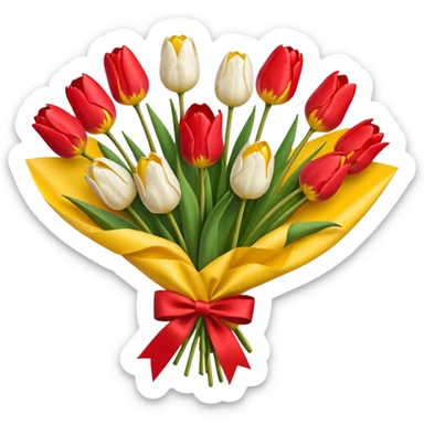 bouquet of tulip with red bow and yellow wrapping paper sticker