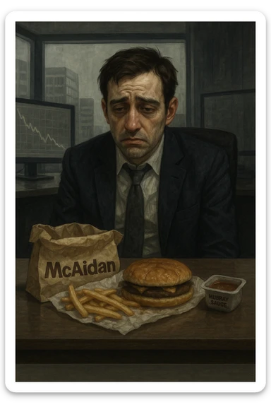 A depressed, anxious, and sad investment banker sitting at his desk, eating a depressing and soggy 'Mcaidan' meal with a side of 'Murray Sauce.' The food packaging is clearly visible, with labels on the wrapper of the Mcaidan meal and the side of Murray Sauce. The scene emphasizes the character's mood and makes the food look unappetizing. sticker