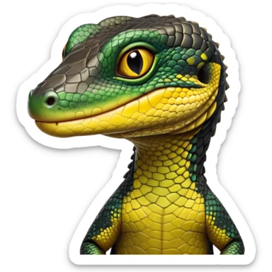 cinematic-realistic-cute-monitor-lizard-portrait-emoji,-head-tilted-playfully-and-inquisitively,-featuring-a-compact,-agile-body-with-finely-detailed,-glossy-scales-in-earthy-black and yellow-hues-and-a-distinct,-alert-face-with-bright,-curious-eyes, black , yellow spotted and green band  scales sticker