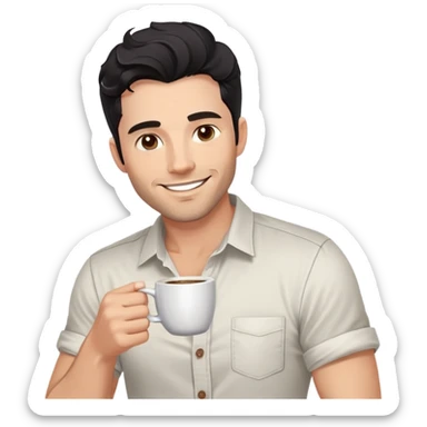 Casual portrait of a 35-year-old man with black wavy hair, stubble, strong jawline, white skin tone, wearing casual button-up shirt with rolled sleeves, holding coffee cup, friendly approachable smile, relaxed confident pose for social media sticker