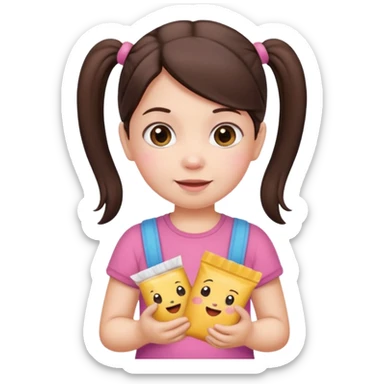 Cute small Toddler emoji with two pigtails dark brown hair, fair skin, in pink top, holding toddler snacks sticker