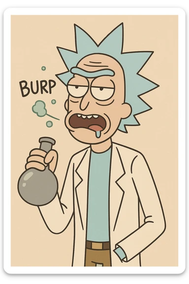Rick Sanchez from Rick and Morty, with flask, burping, cartoon style sticker