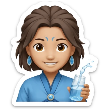 Katara from Avatar: The Last Airbender as an emoji, smiling, blue Water Tribe clothes, hair loopies, holding water sticker