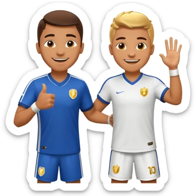 Soccer player celebrating with coach handshake under bright stadium lights, golden lighting, energetic, cinematic, realistic sticker