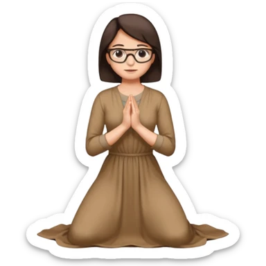 A woman kneeling praying, in a long dress, short dark brown hair, glasses  sticker