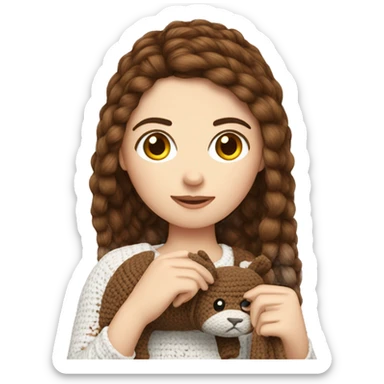 White girl with straight brown hair crocheting an animal sticker