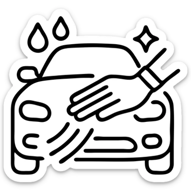 outlined icon of an elegant hand with white glove on the hood of a premium car, drops or shine, clean lines, black and silver, smooth motion lines for cleaning, modern look sticker