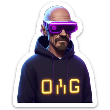 Walter White wearing a black hoodie with "OMG" letters on it and VR headset in a cyberpunk VR environment with violet neon lighting. sticker
