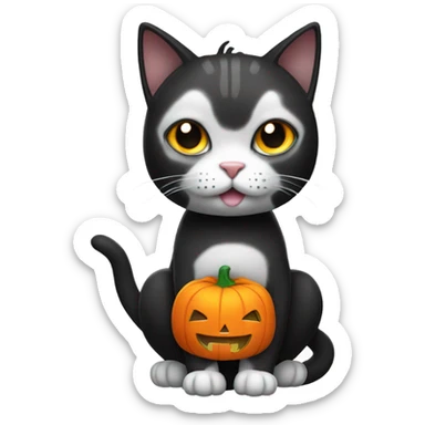 black and white cat wearing pumpkin costume sticker