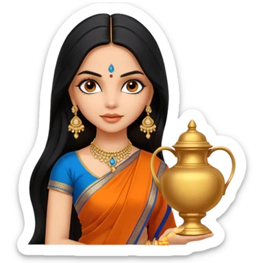 generate a pretty bratz Deepika Padukone with long black hair middle parted.
Wearing an orange saree with a blue blouse, golden jhumkas
SHe shoudl look like deepika padukone. dark brown eyes and carrying an urn sticker