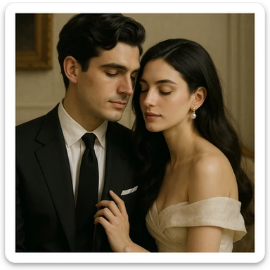 romantic black-haired couple, old money aesthetic, sophisticated and gentle pose sticker