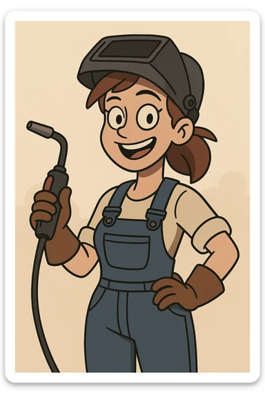 female welder, cartoon style, smiling, holding welding torch, blue overalls sticker