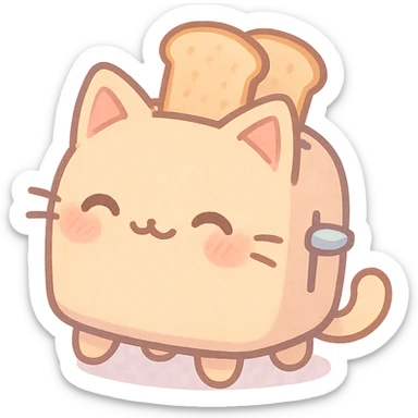 chibi cat-toaster hybrid, two toast slices popping out, sweet smile, soft pastel palette, full-body sticker