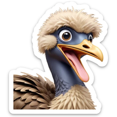Cinematic Cute Yawning Emu Portrait Emoji, Head tilted slightly with a dramatic, wide-open yawn, showcasing a soft, downy brown plumage with gently drooping feathers and eyes barely open in drowsy contentment, Simplified yet irresistibly adorable features, highly detailed, glowing with a soft, cozy glow, high shine, relaxed yet expressive, stylized with a touch of outback charm, bright and endearing, soft glowing outline, capturing the essence of a sleepy yet affectionate emu, so drowsy it feels like it could stretch out of the screen and curl up for a nap! sticker