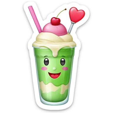 Cute emoji-style illustration of a green soda float with ice, vanilla ice cream scoop, two red cherries, pink heart-shaped straw, simple shapes, bright colors, glossy, kawaii style, centered, transparent background
 sticker