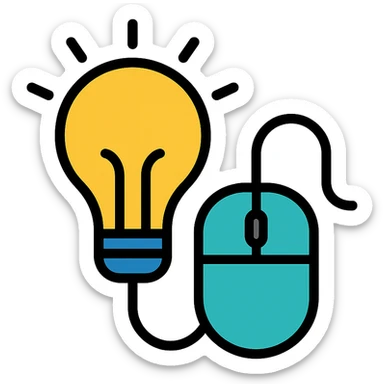 lightbulb combined with computer mouse, symbolizing technology ideas and tips, vibrant outlined icon style sticker