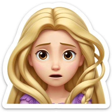 Cinematic Funny Rapunzel Portrait Emoji, Looking exhausted while tangled in her own hair, a dramatic sigh, eyes rolling with humorous exasperation, a hilariously relatable moment for the long-haired princess! sticker