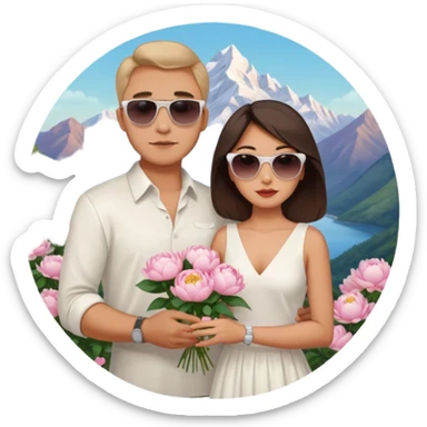 Couple traveling in Montenegro russian man and elegant  Latina girl delicate peonies and mountains in the background  sticker
