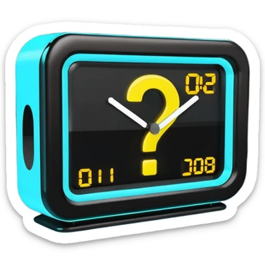 rectangular digital alarm clock with a question mark where the time would usually be sticker