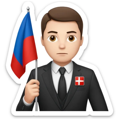 a male politician in a business suit with a Russian flag sticker