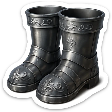 Recolor these iron boots to realistic metallic steel with crisp, shiny, and slightly fancier iron engravings. Keep the look detailed and realistic in a style inspired by emoji style. Transparent background. sticker
