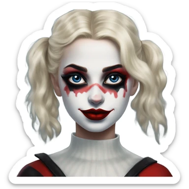 Dalahäst in Harley Quinn style, oil paint, mysterious eyes, intricate lips, masterpiece portrait, odd perspective, beautiful, desirable, logical sticker