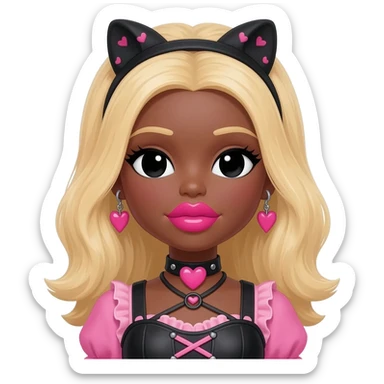 heart shaped cute lips bimbo, black doll eyes, Big lips barbie, dark brown skin with blonde hair, bimbocore outfit sticker