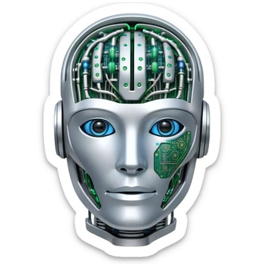 An icon featuring a humanoid robot head, neural network connections, and binary code, symbolizing artificial intelligence. The design includes a brain with circuits and machine learning algorithms, representing the study and development of intelligent systems. Transparent background  sticker